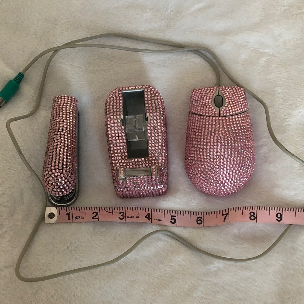 Pink Rhinestone Computer Mouse, tape & stapler 3pc set! Vintage! - Picture 7 of 12